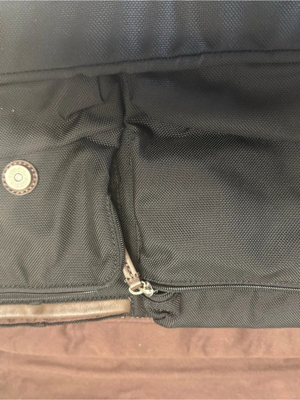 Fossil Black Messenger Bag with Brown Trim